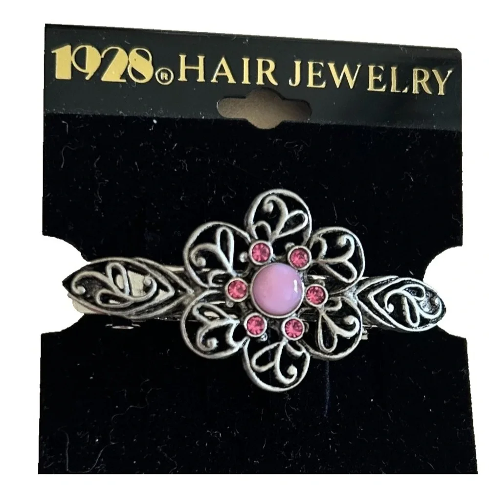 1928 Hair Jewelry Barrette Filigree Floral Silver Pink Rhinestone Cabochon NEW